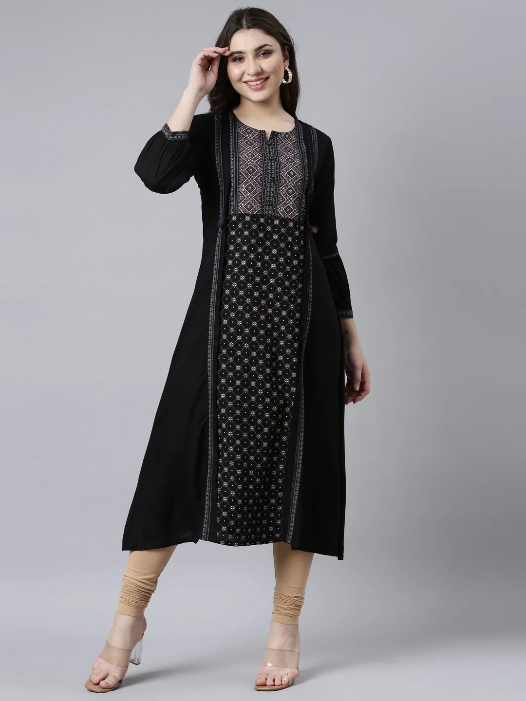 Neerus Black Regular Straight Woven Design Kurta