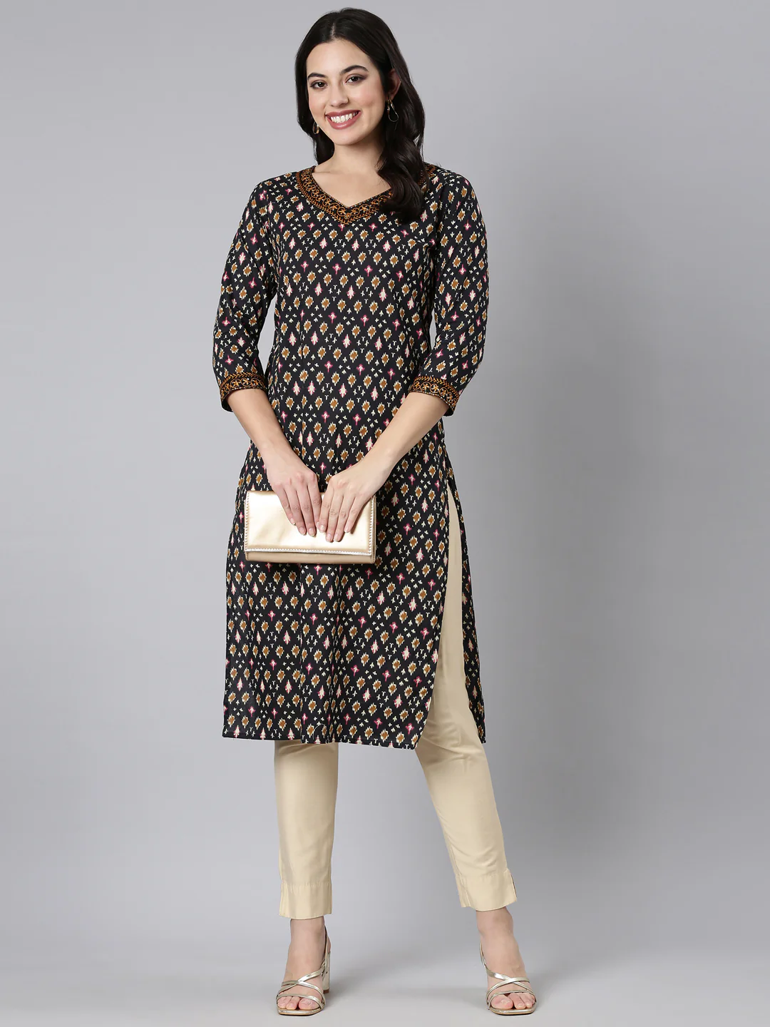 Neerus Black Regular Straight Woven Design Kurta - Image 4