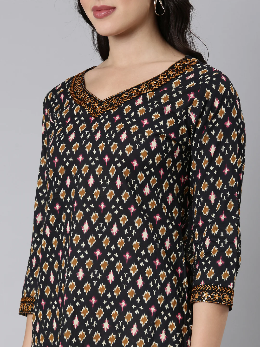 Neerus Black Regular Straight Woven Design Kurta - Image 5