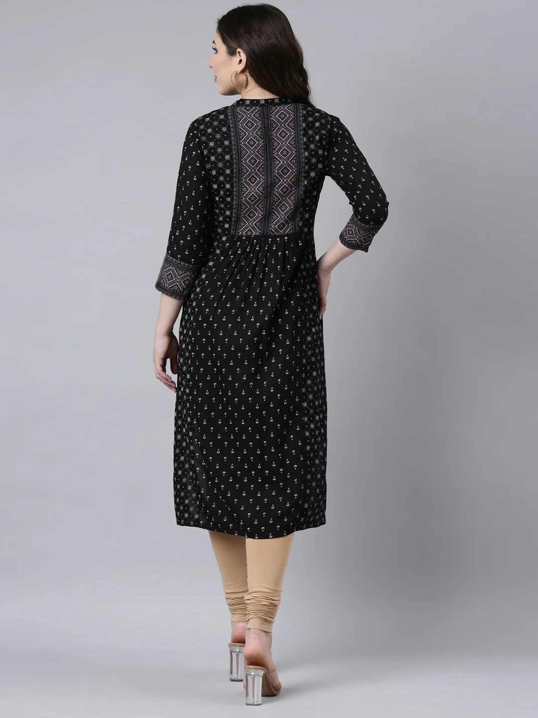 Neerus Black Regular Straight Woven Design Kurta - Image 3