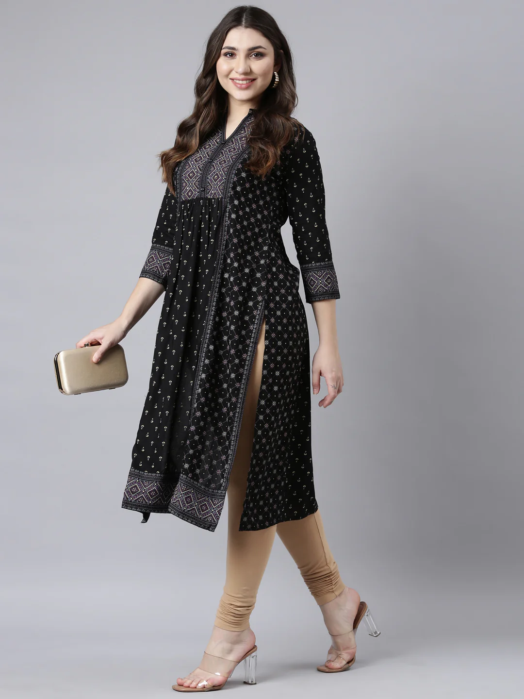 Neerus Black Regular Straight Woven Design Kurta - Image 5