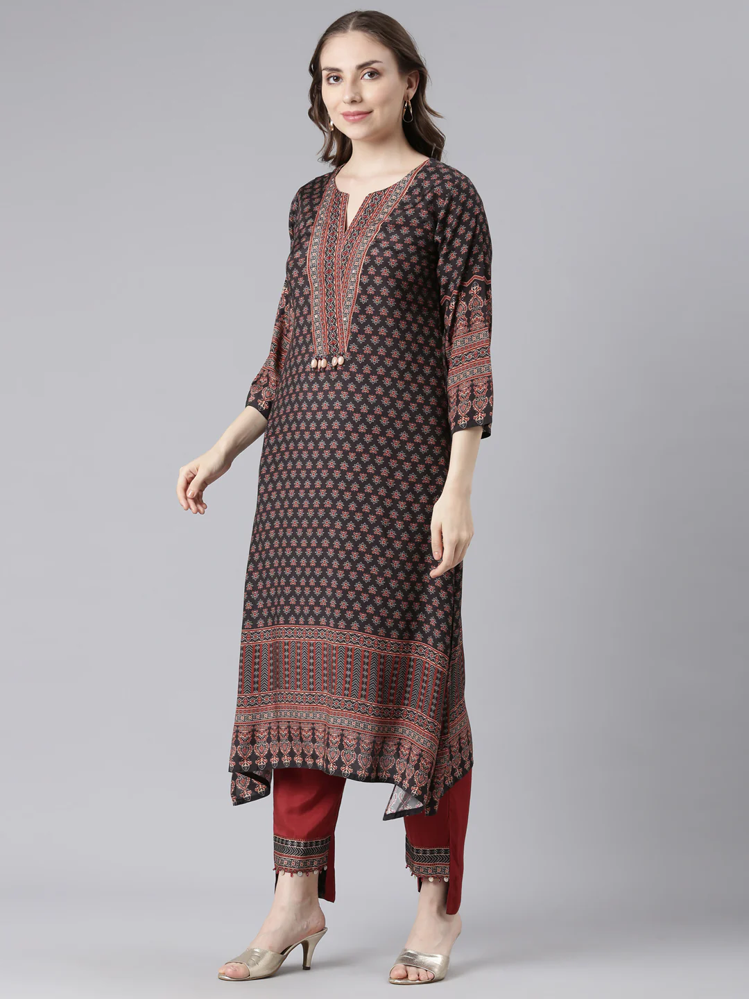 Neerus Black Santoon High-Low Casual Floral Kurta and Trouser with Dupatta - Image 2