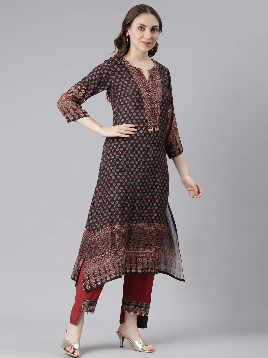 Neerus Black Santoon High-Low Casual Floral Kurta and Trouser with Dupatta - Image 3