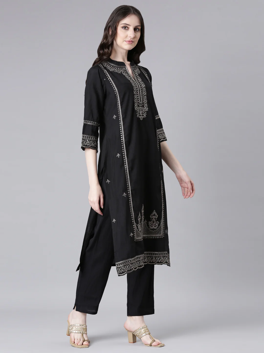 Neerus Black Solid Straight Kurta and Trousers With Dupatta - Image 2