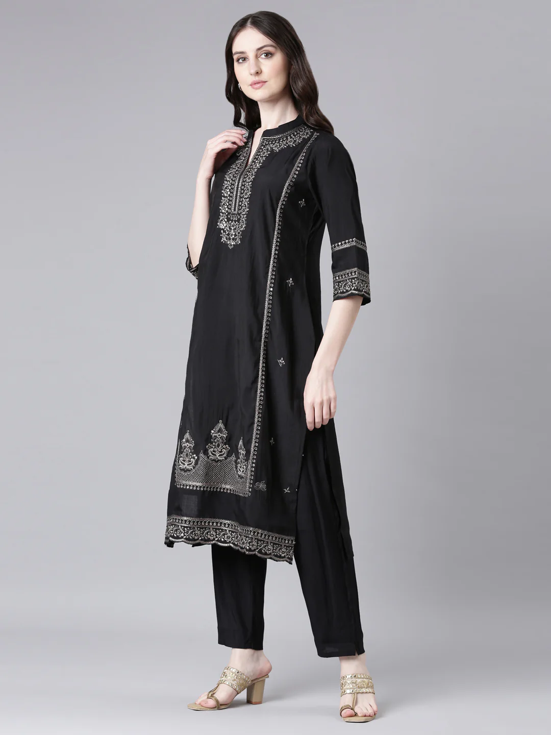 Neerus Black Solid Straight Kurta and Trousers With Dupatta - Image 5