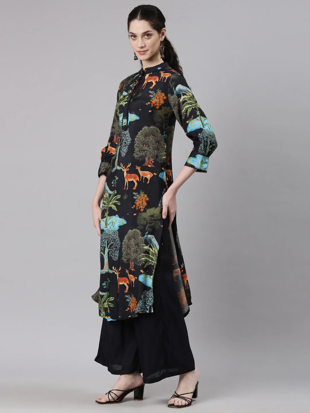 Neerus Black Straight Casual Animal Kurta and Palazzo - Image 2