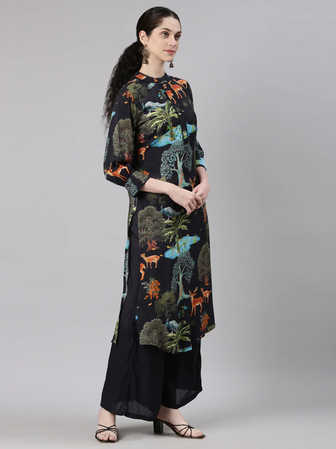 Neerus Black Straight Casual Animal Kurta and Palazzo - Image 3