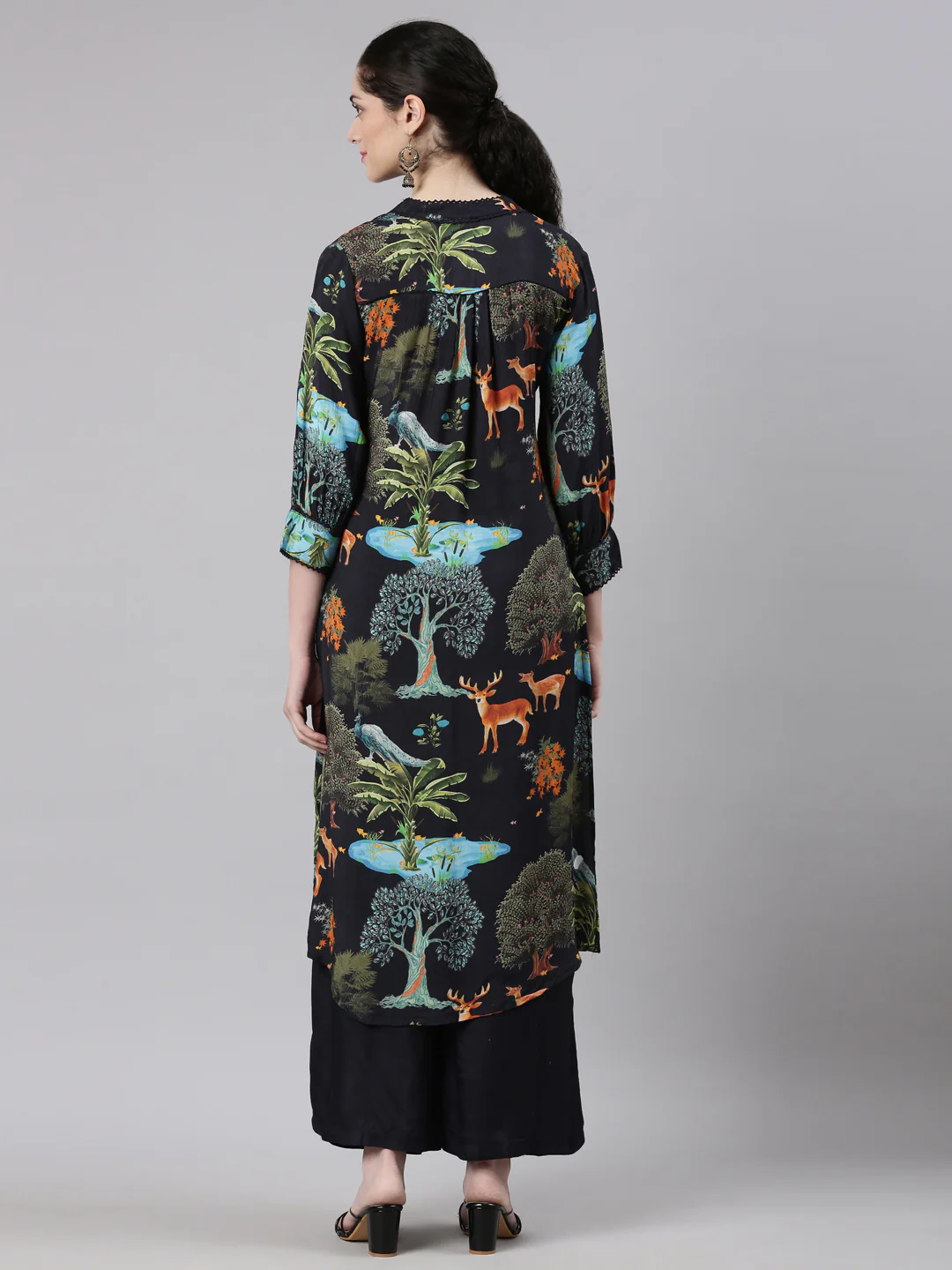 Neerus Black Straight Casual Animal Kurta and Palazzo - Image 4