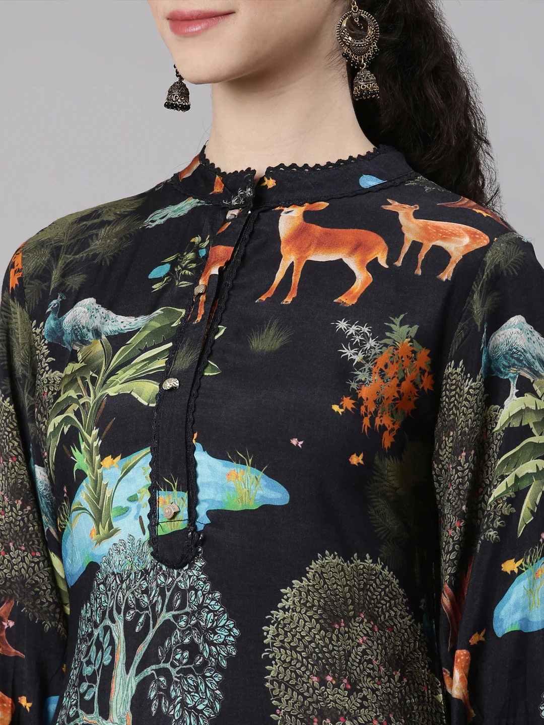 Neerus Black Straight Casual Animal Kurta and Palazzo - Image 5