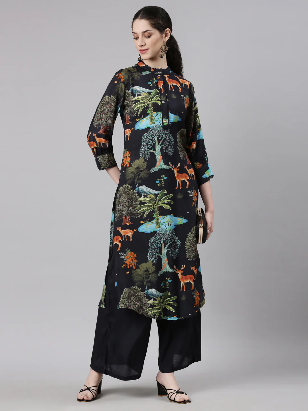 Neerus Black Straight Casual Animal Kurta and Palazzo - Image 6