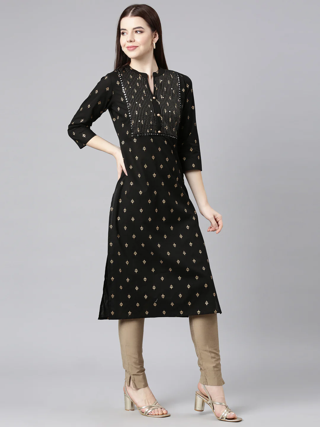 Neerus Black Straight Casual Embellished Straight Kurta - Image 3