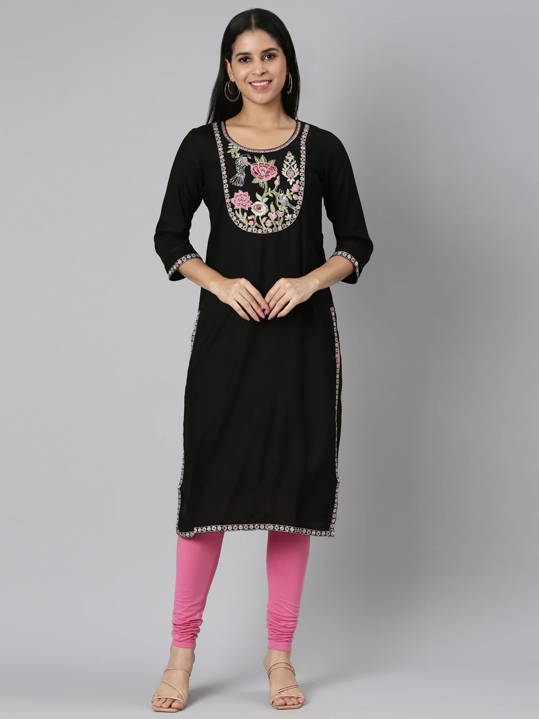 Neerus Black Straight Casual Floral Straight Kurta