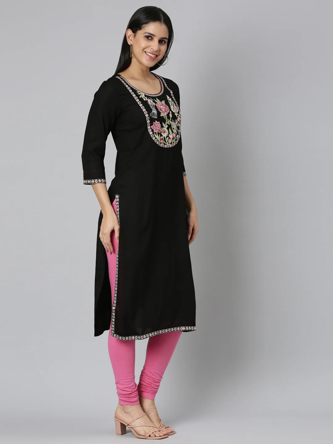 Neerus Black Straight Casual Floral Straight Kurta - Image 2