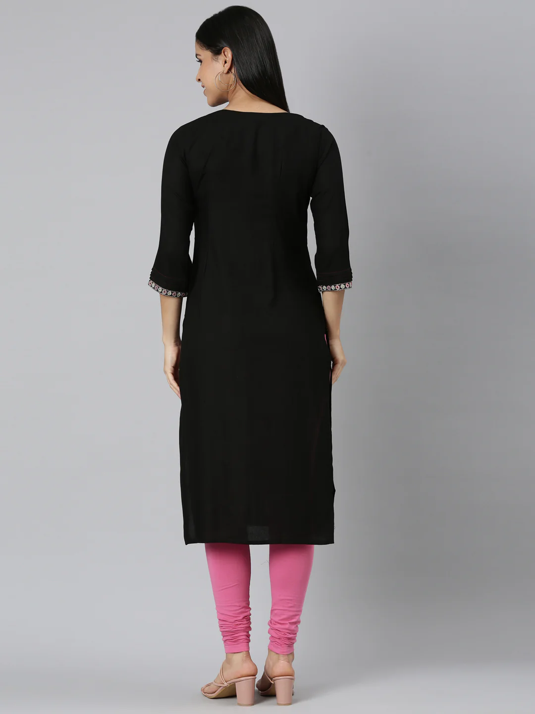 Neerus Black Straight Casual Floral Straight Kurta - Image 3