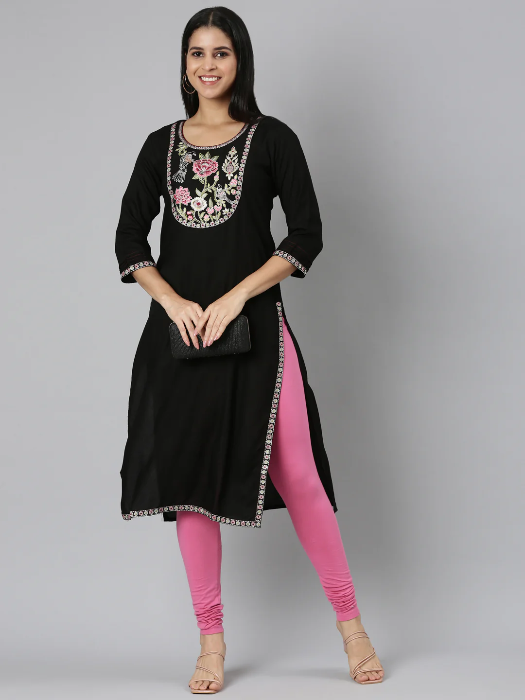 Neerus Black Straight Casual Floral Straight Kurta - Image 5