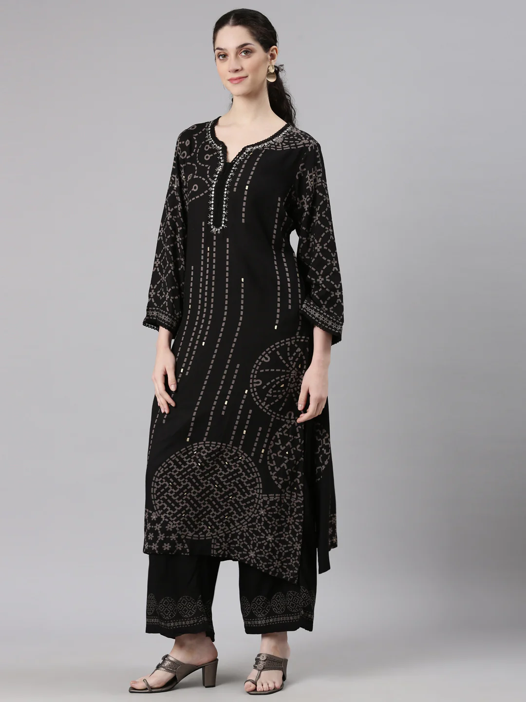 Neerus Black Straight Casual Kurta and Plazzo - Image 2