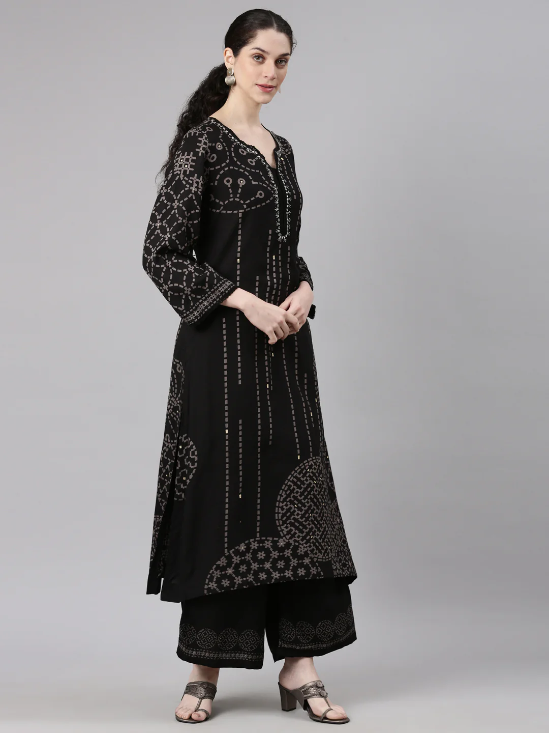 Neerus Black Straight Casual Kurta and Plazzo - Image 3