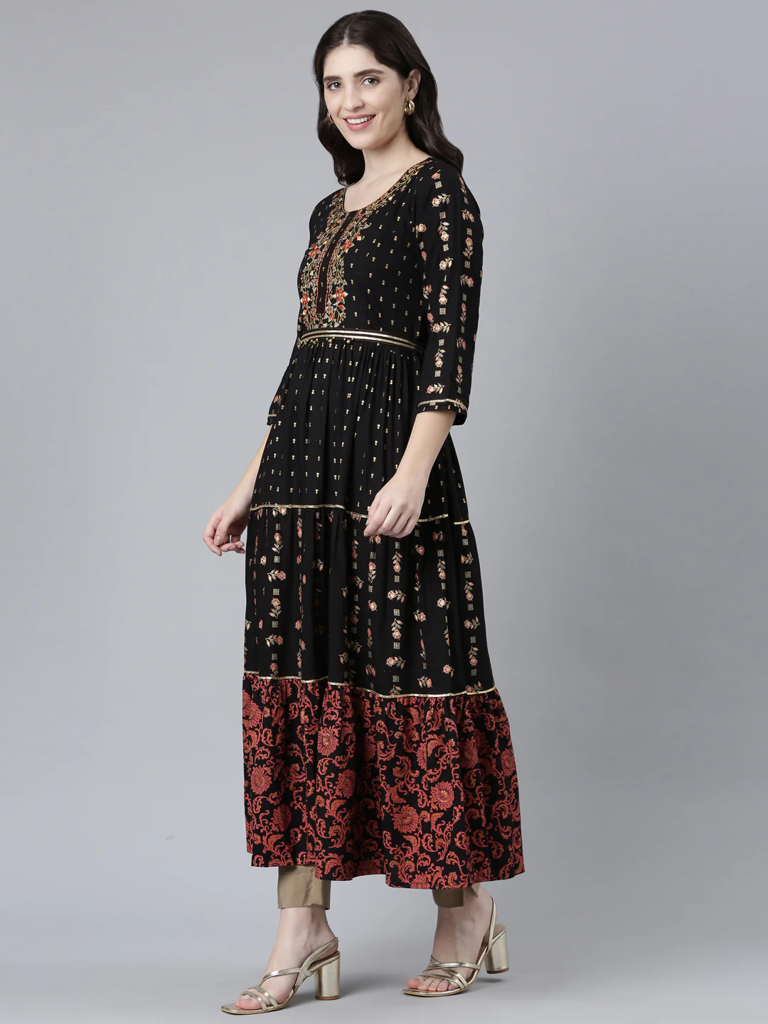 Neerus Black Straight Casual Printed Dress - Image 2