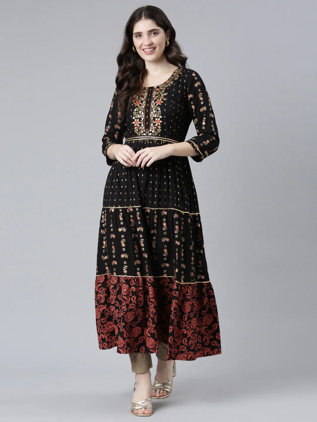 Neerus Black Straight Casual Printed Dress - Image 5
