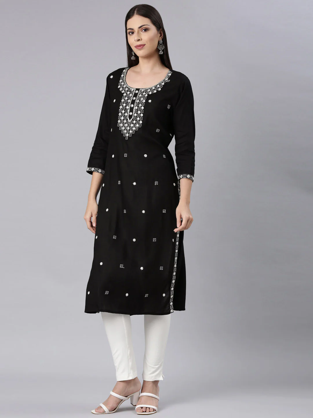 Neerus Black Straight Casual Solid Straight Kurta - Image 2