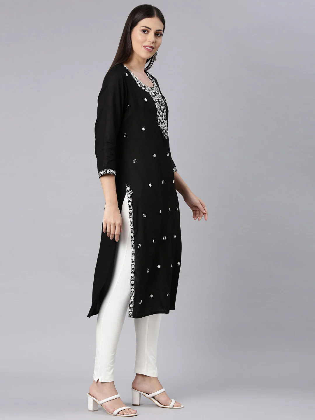 Neerus Black Straight Casual Solid Straight Kurta - Image 3