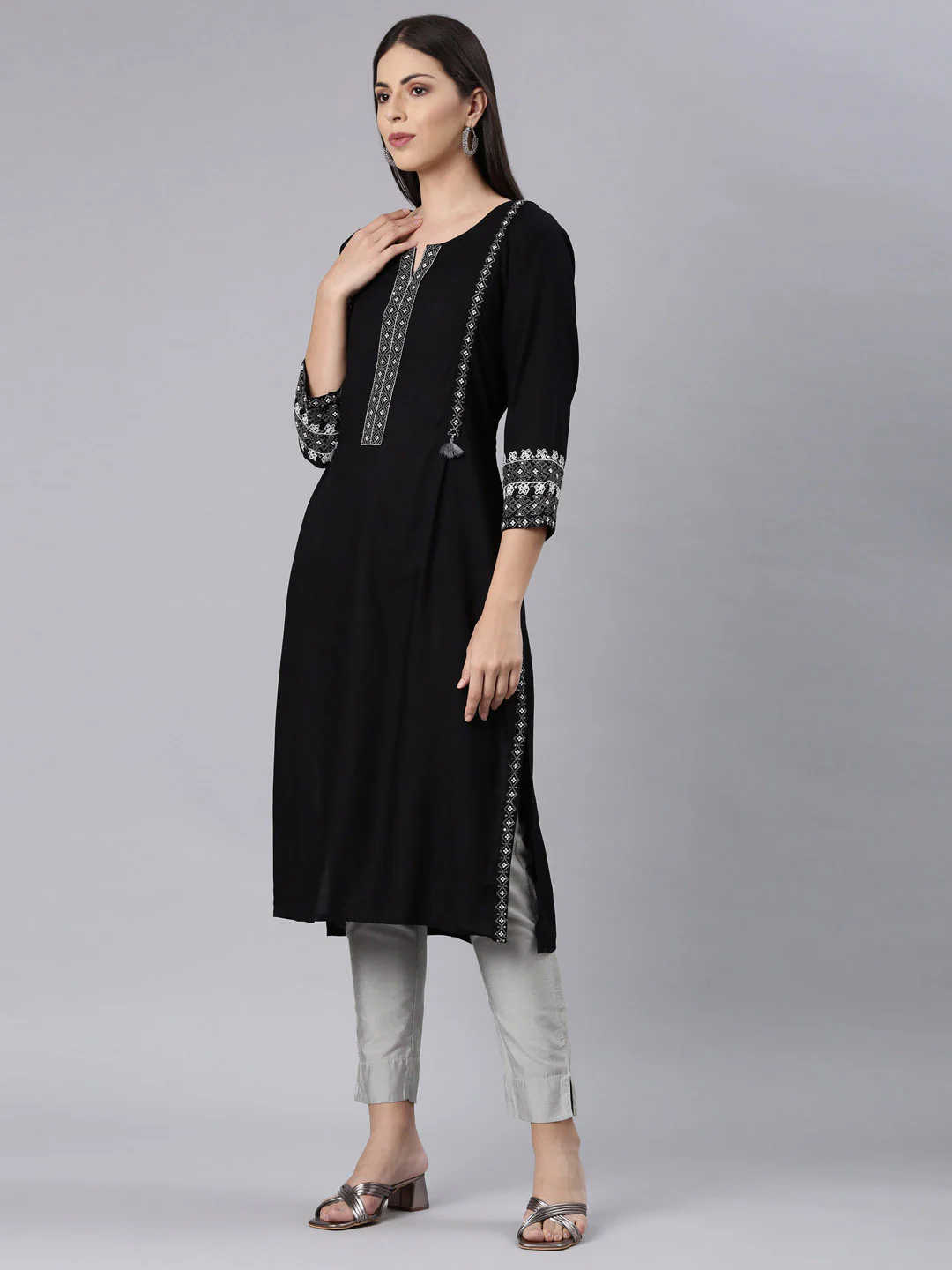 Neerus Black Straight Casual Solid Straight Kurta - Image 2