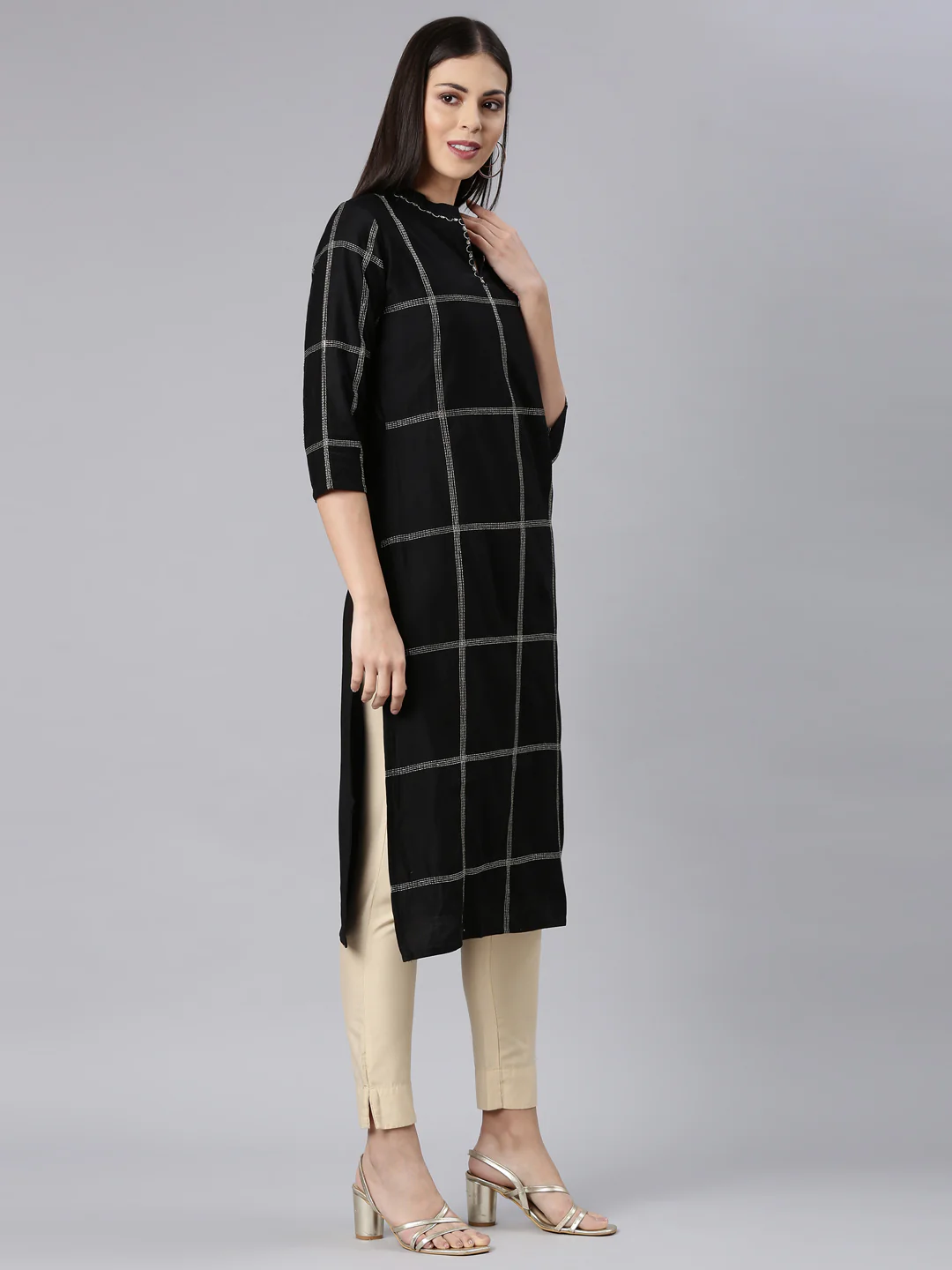 Neerus Black Straight Casual Solid Straight Kurta - Image 3