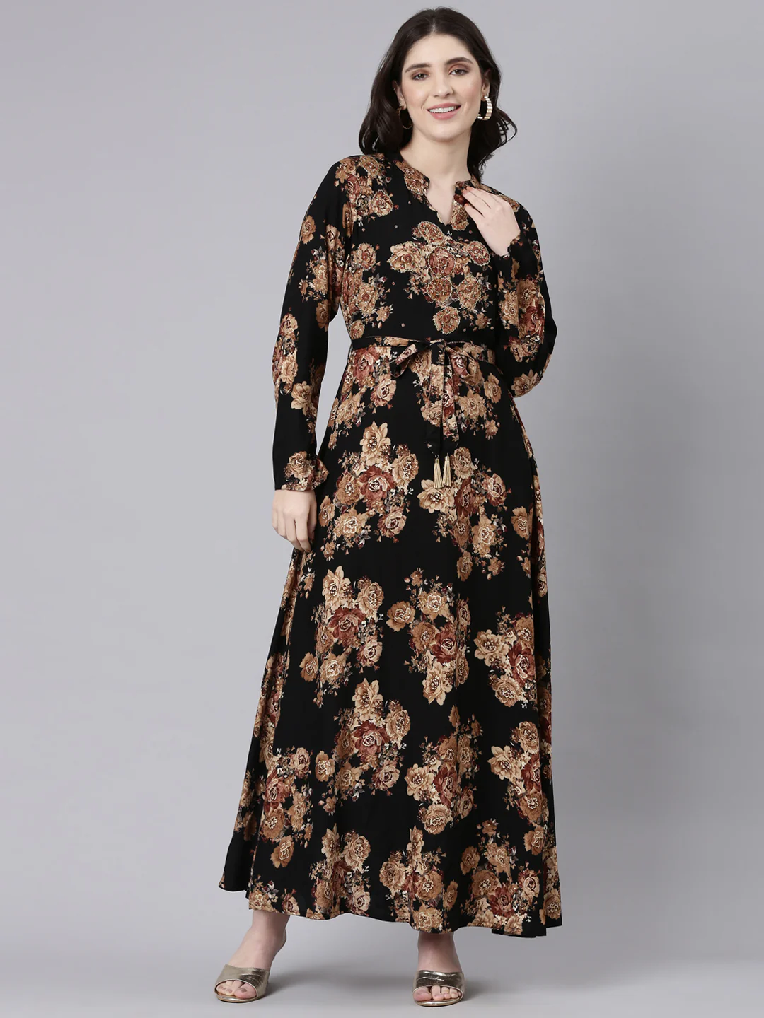 Neerus Black Straight Casual Striped Maxi Dresses