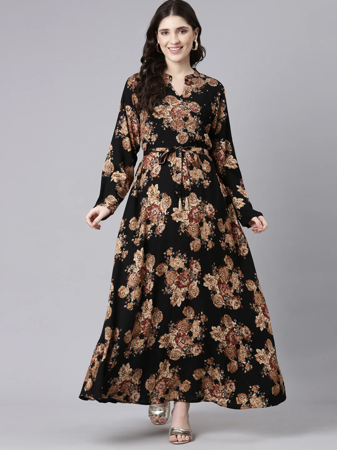 Neerus Black Straight Casual Striped Maxi Dresses - Image 5