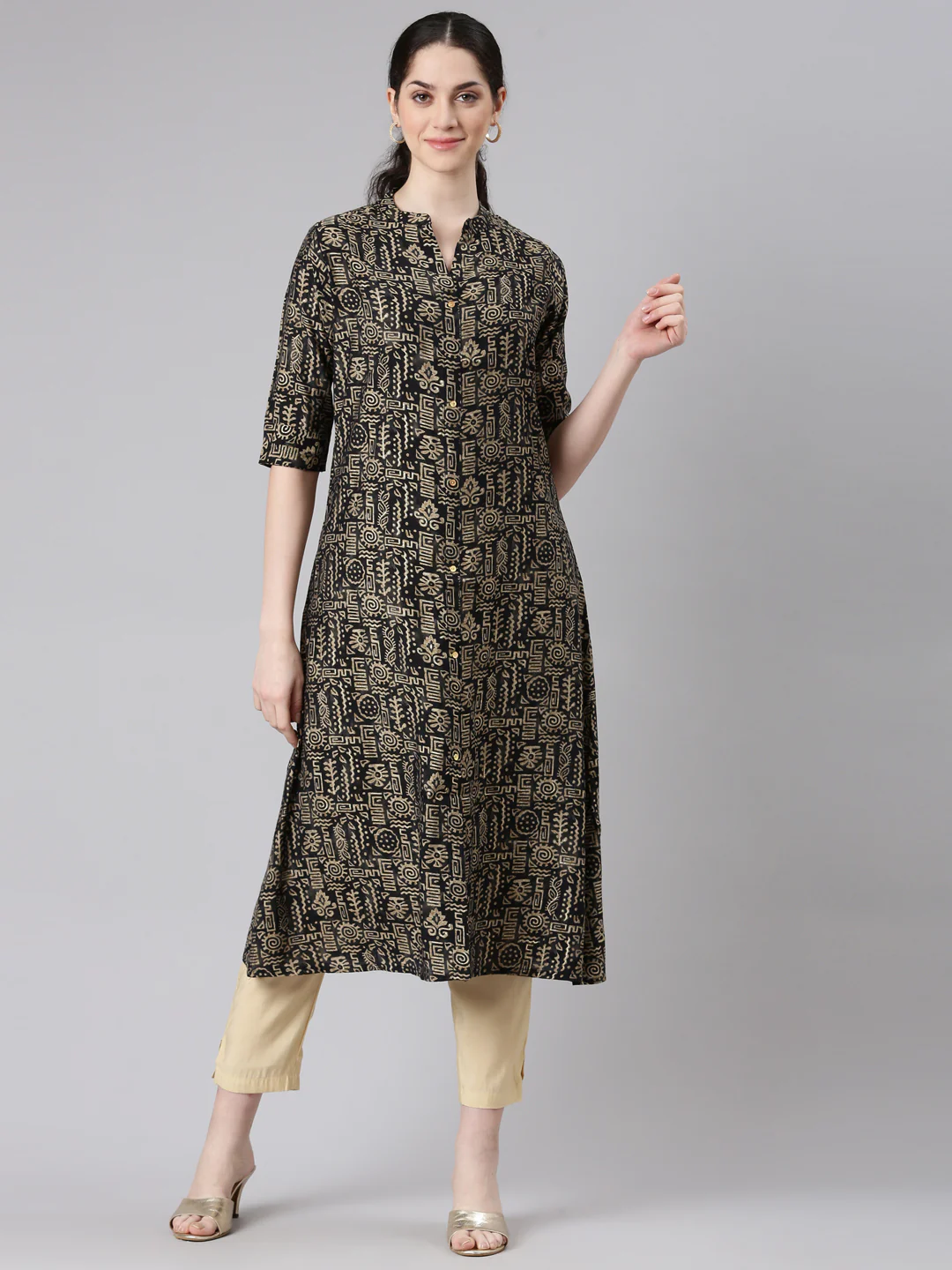 Neerus Black Straight Casual Tribal Panelled Kurta