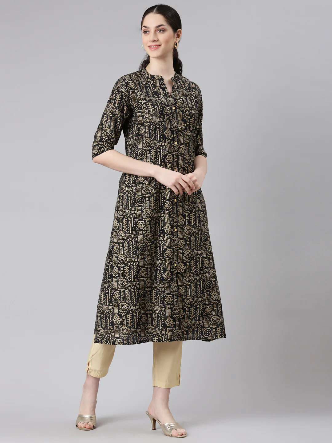 Neerus Black Straight Casual Tribal Panelled Kurta - Image 2