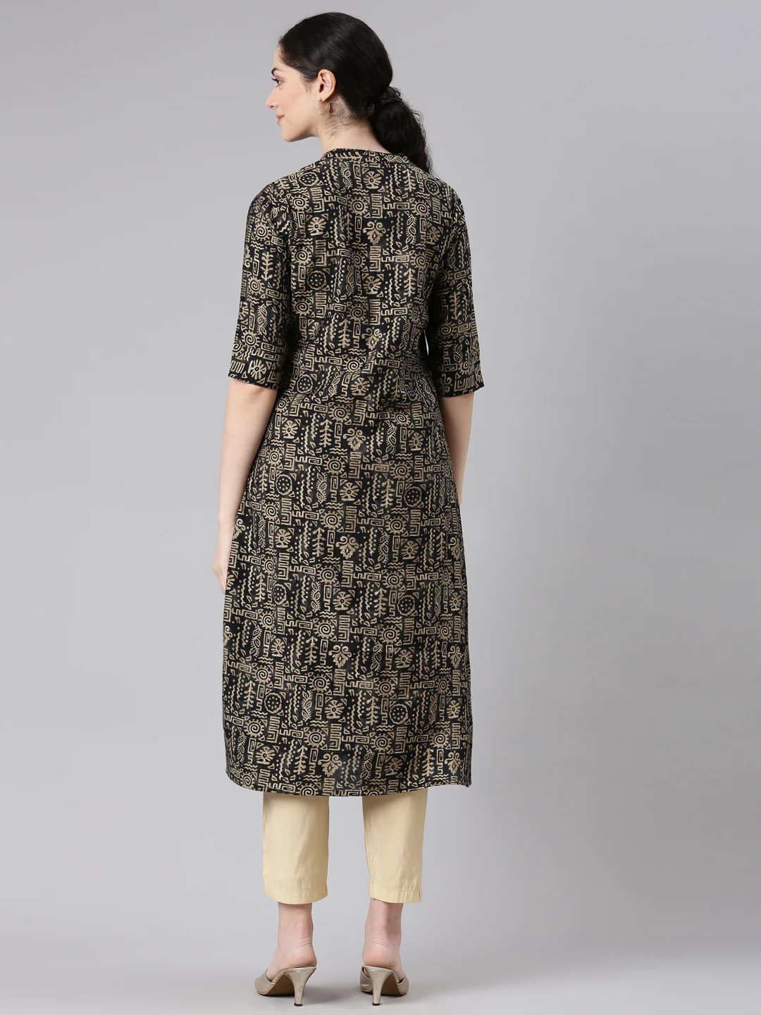 Neerus Black Straight Casual Tribal Panelled Kurta - Image 3