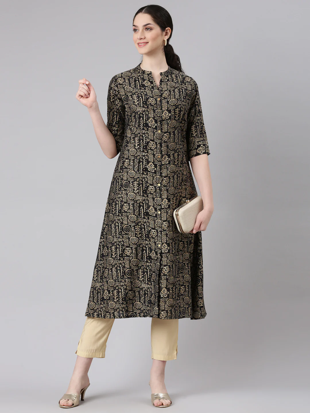 Neerus Black Straight Casual Tribal Panelled Kurta - Image 5