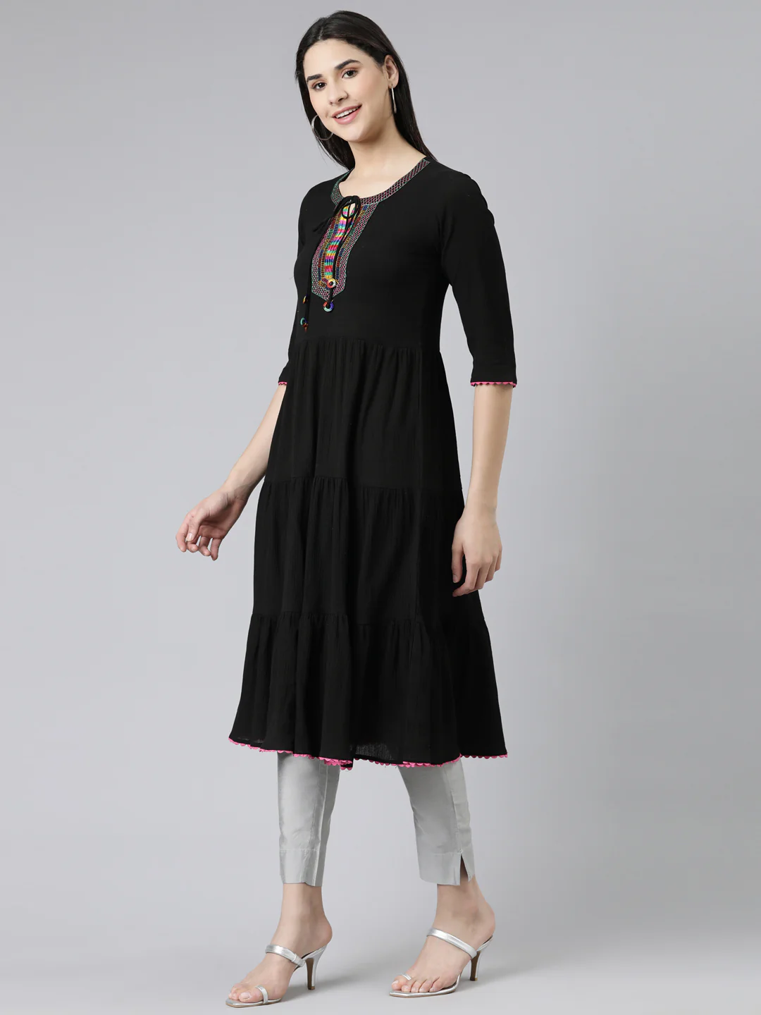 Neerus Black Straight Solid Chiffon Kurta - Image 2