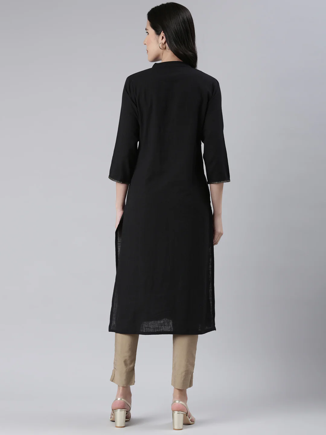 Neerus Black Straight Solid Cotton Kurta - Image 3