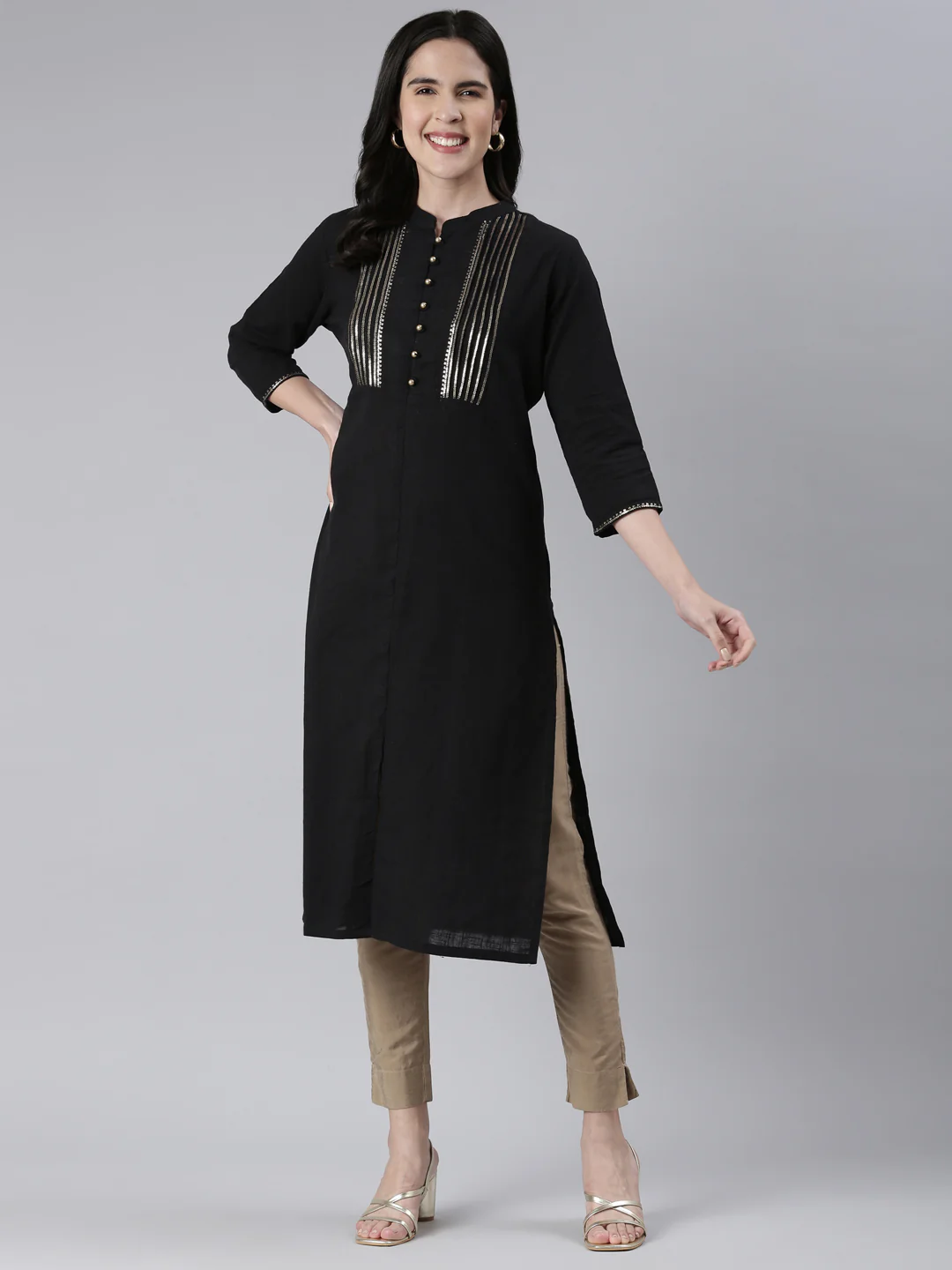 Neerus Black Straight Solid Cotton Kurta - Image 5