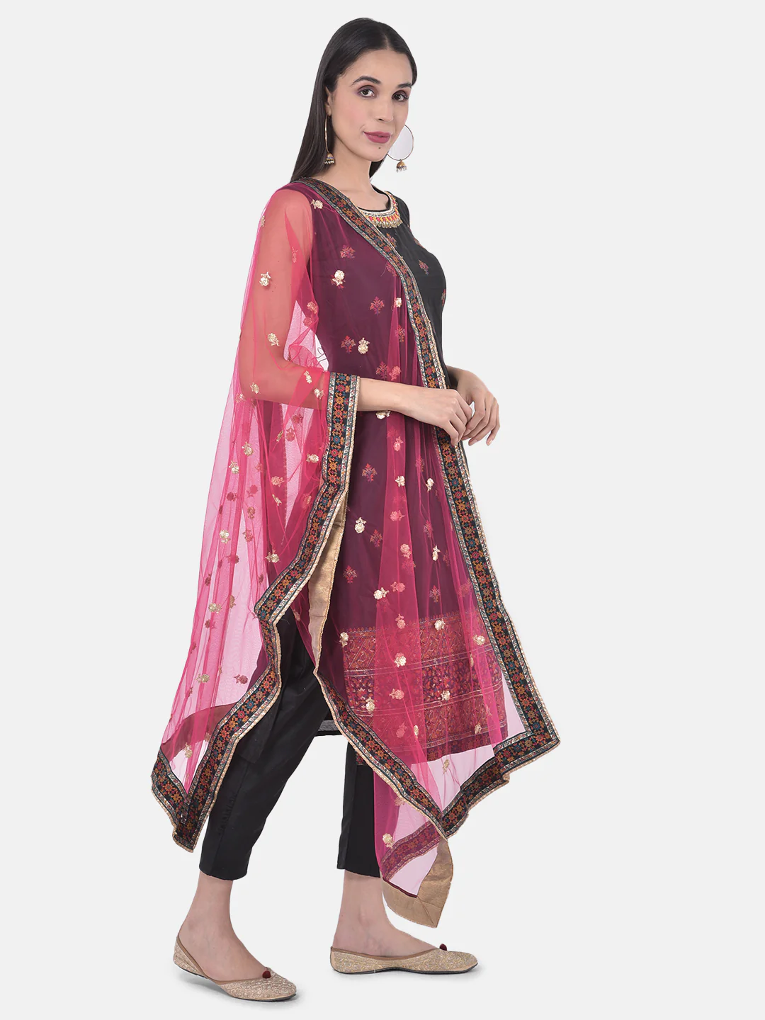 Neerus Black Textured Kurta With Pant & Dupatta