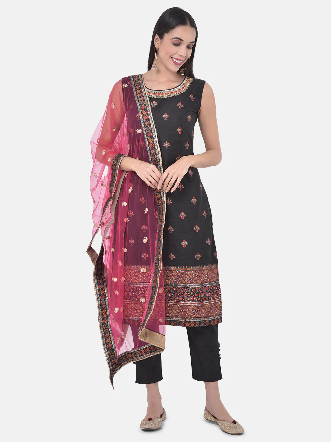 Neerus Black Textured Kurta With Pant & Dupatta - Image 8