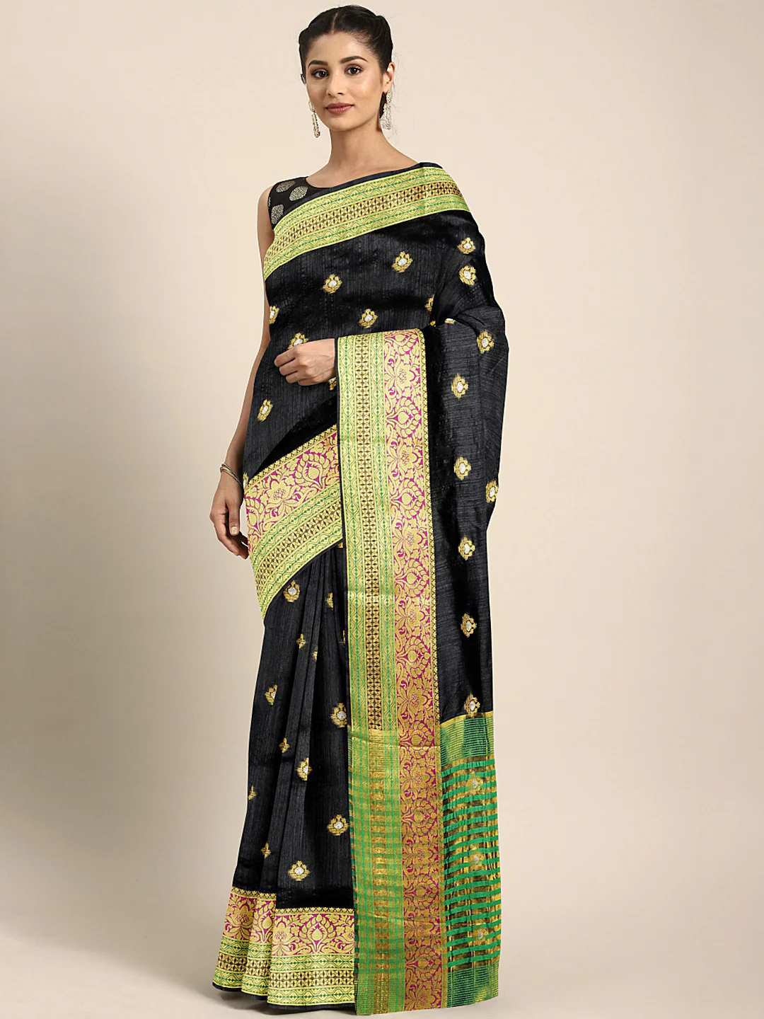 Neerus Black Textured Saree With Blouse