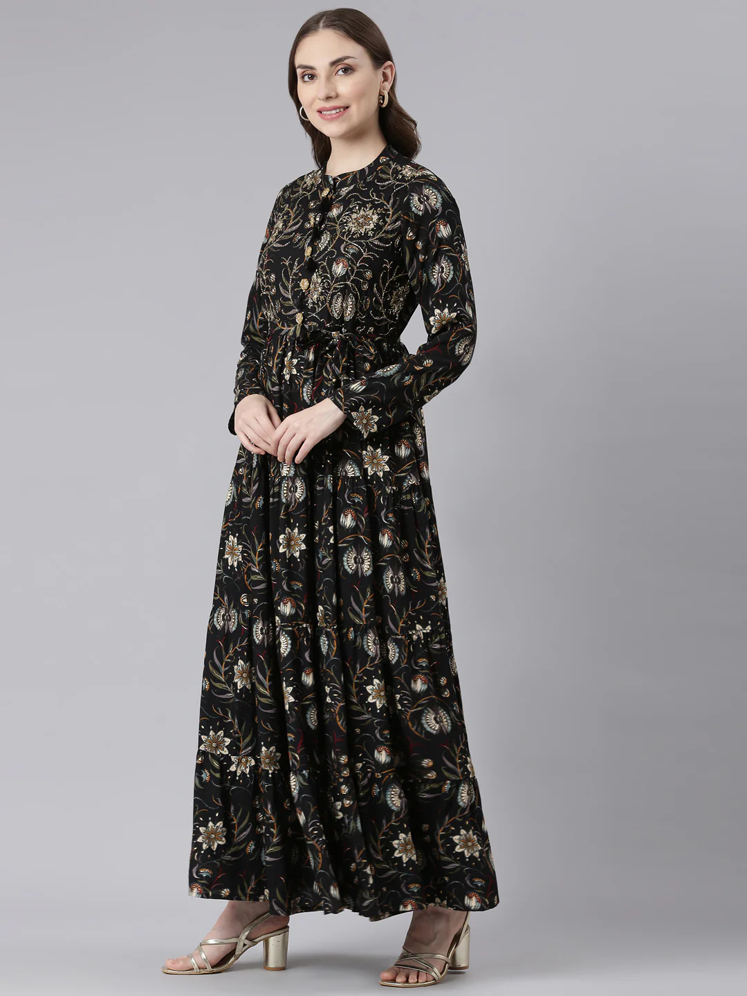Neerus Black Viscose Rayon Curved Casual Floral Maxi Dresses. - Image 2