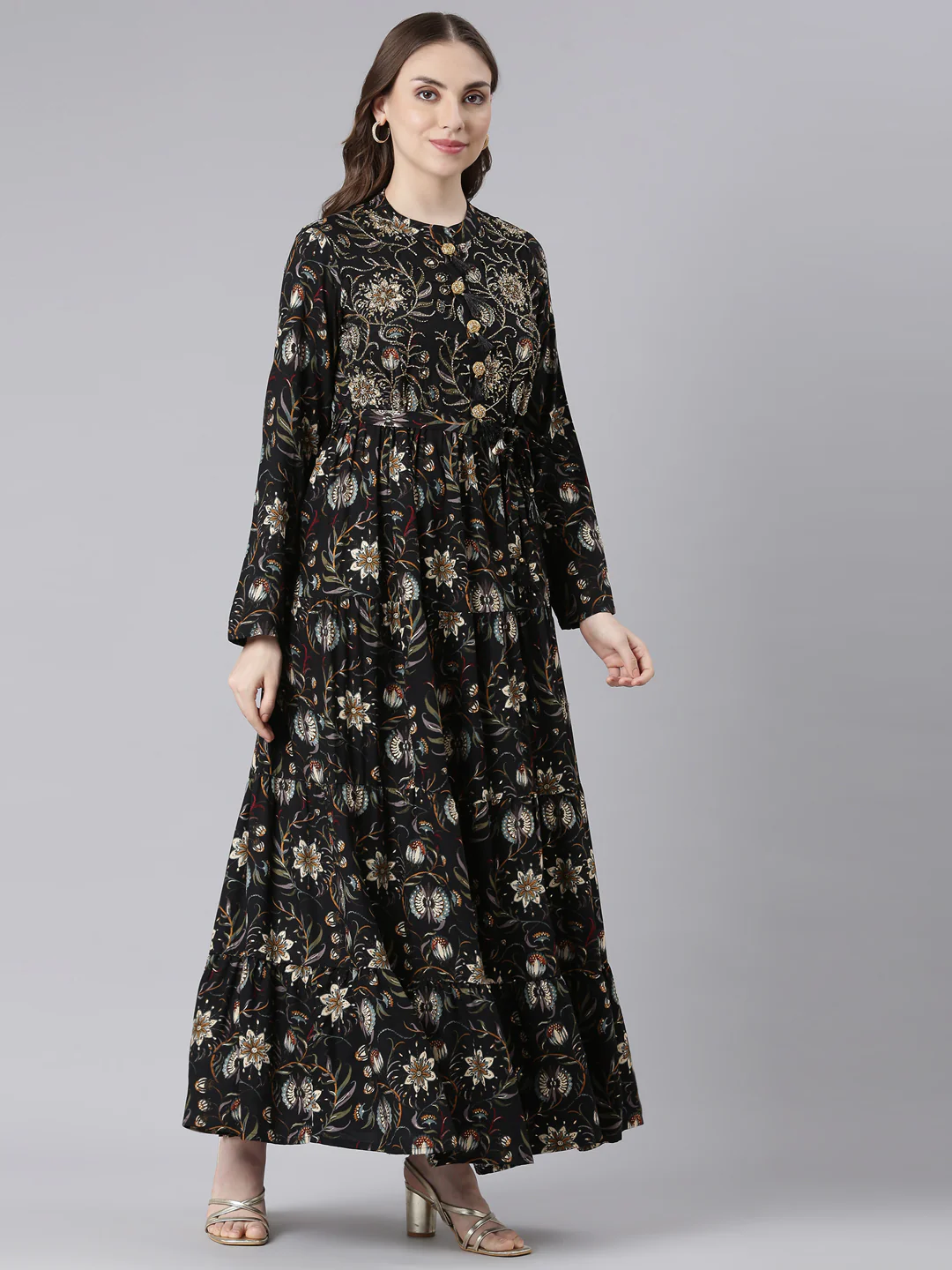 Neerus Black Viscose Rayon Curved Casual Floral Maxi Dresses. - Image 3