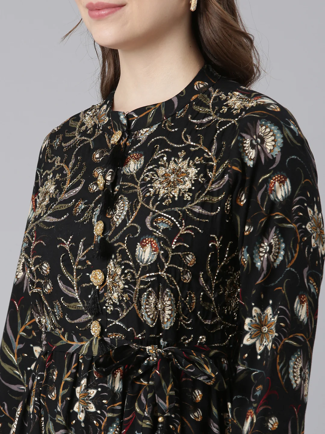 Neerus Black Viscose Rayon Curved Casual Floral Maxi Dresses. - Image 5