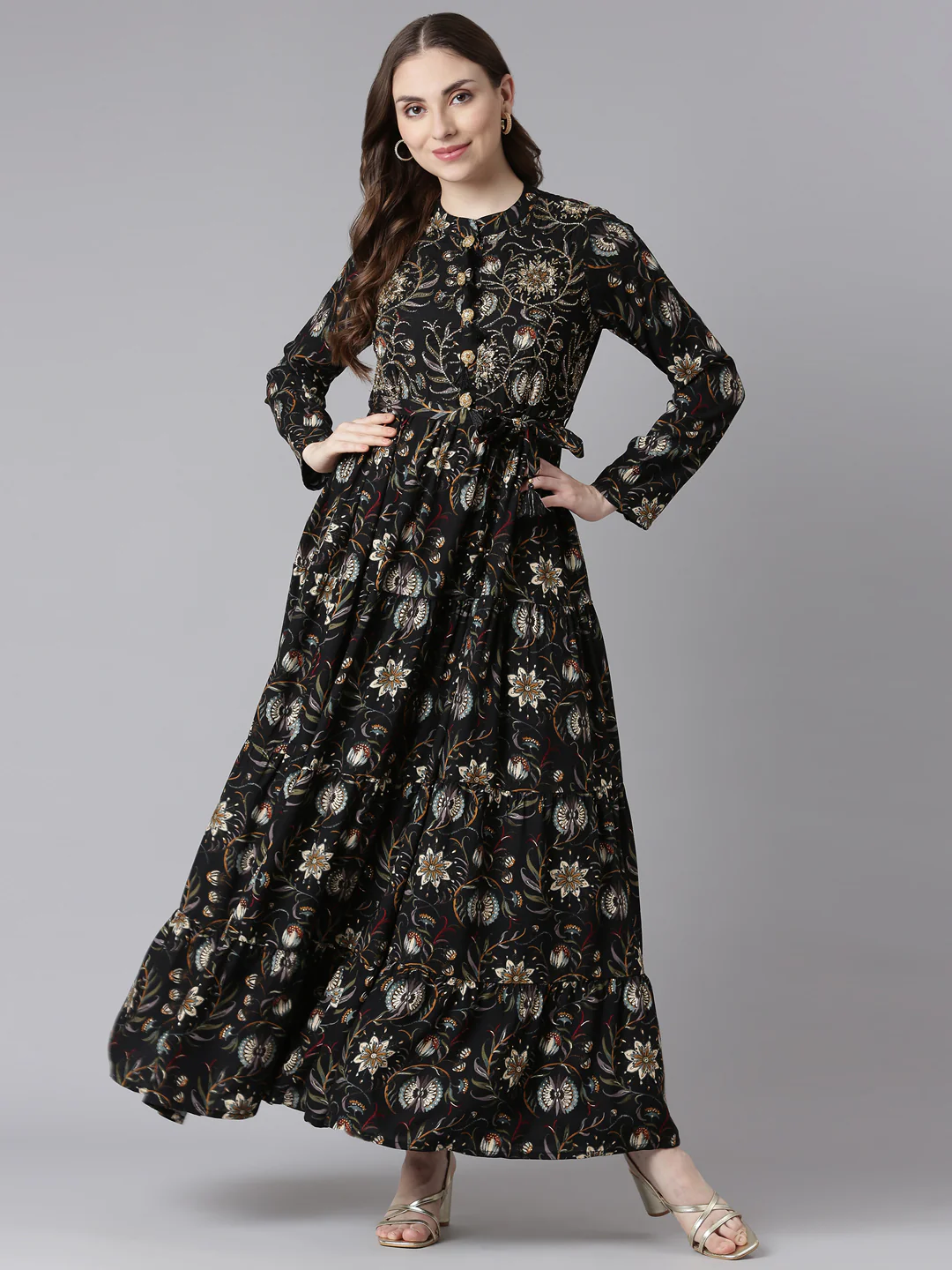 Neerus Black Viscose Rayon Curved Casual Floral Maxi Dresses. - Image 6