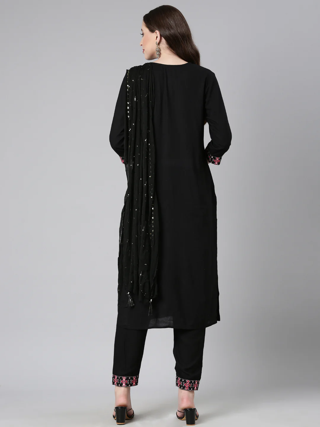 Neerus Black Yoke Design Straight Kurta and Trousers With Dupatta - Image 3