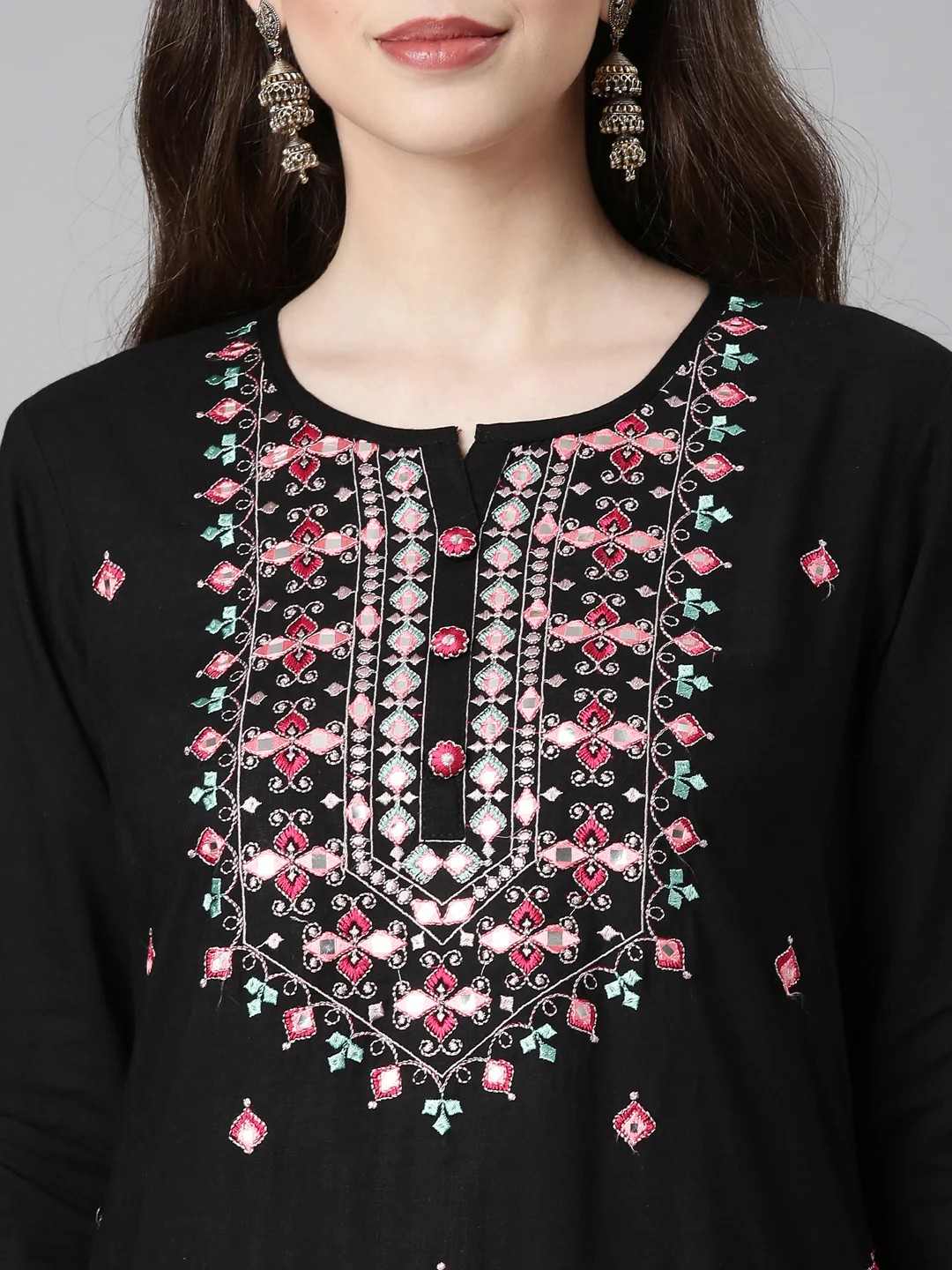Neerus Black Yoke Design Straight Kurta and Trousers With Dupatta - Image 4