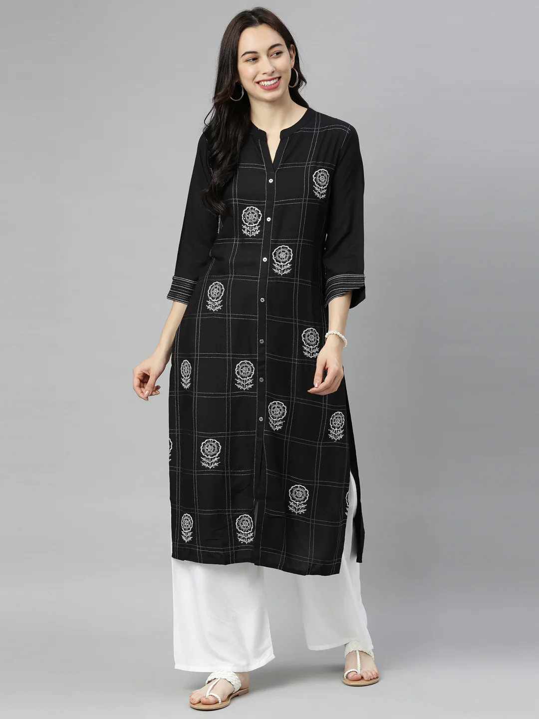 Neerus Black Zari Straight Kurta