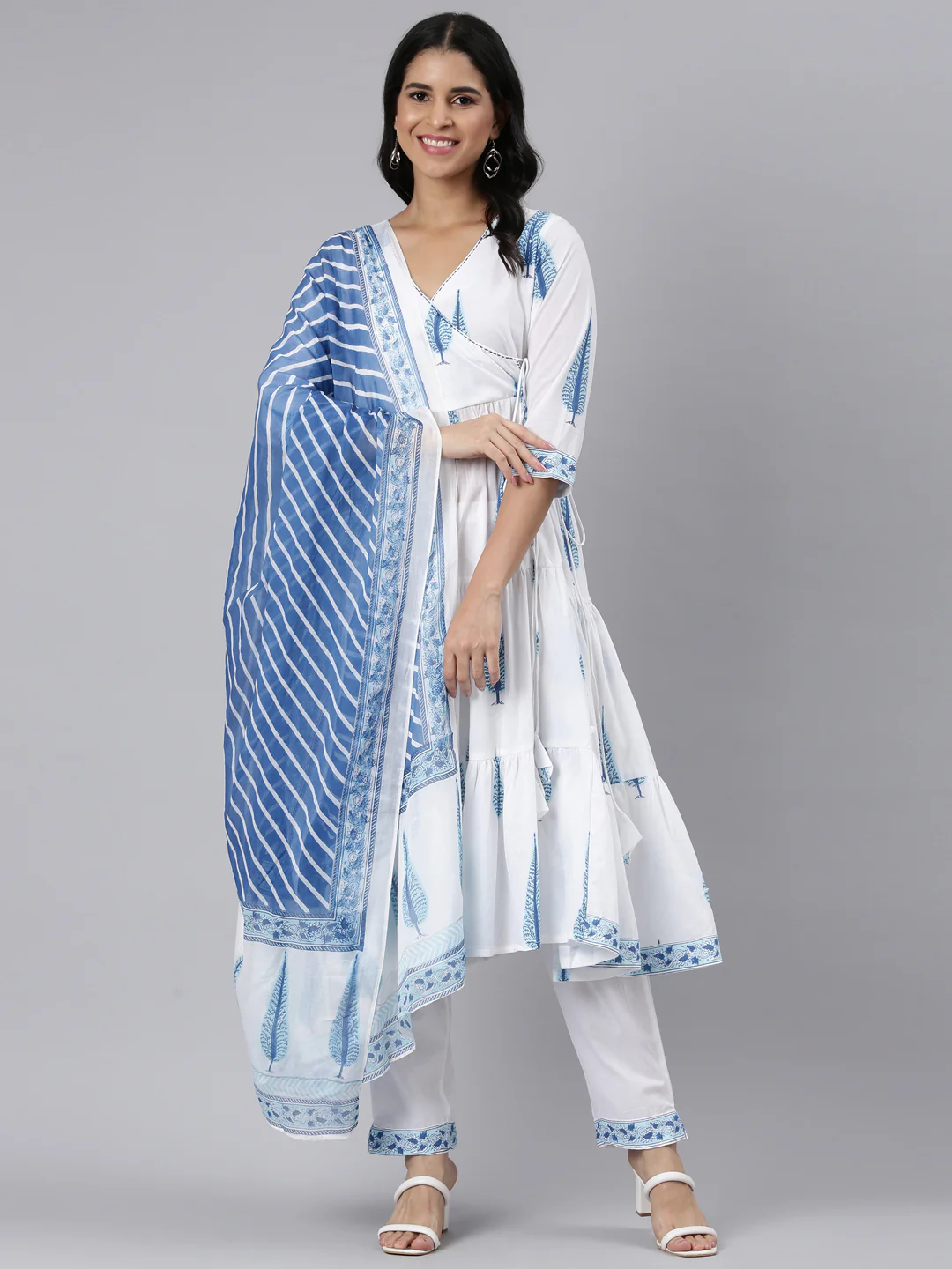 Neerus Blue Angrakha Curved Printed Kurta and Trousers With Dupatta - Image 5