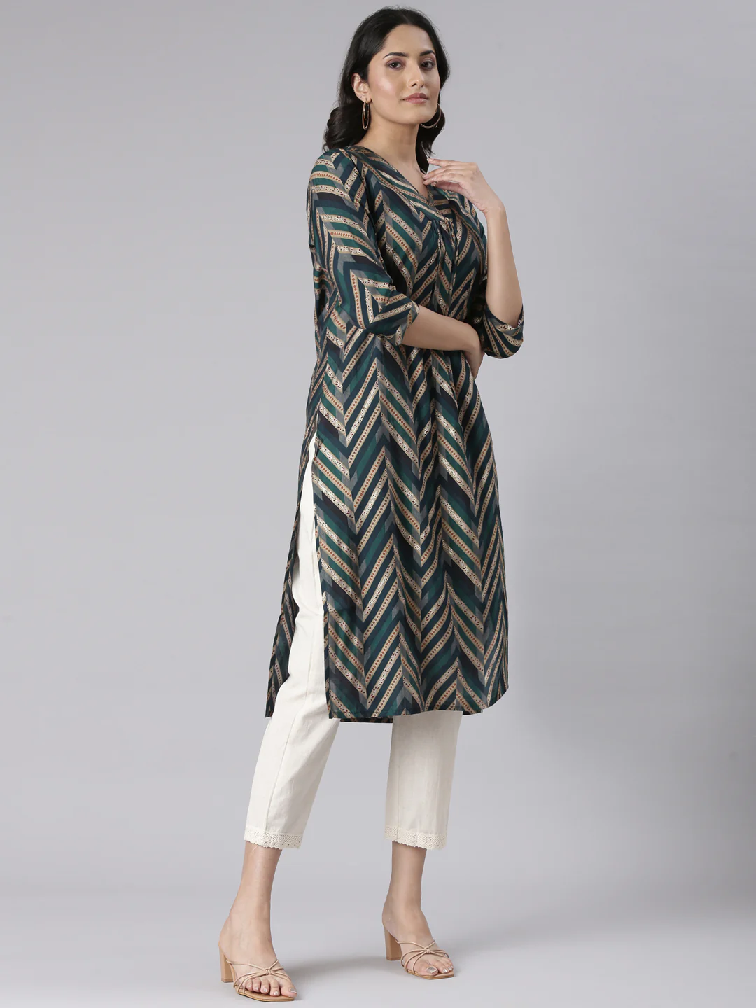Neerus Blue Casual Chevron Straight Kurta - Image 2