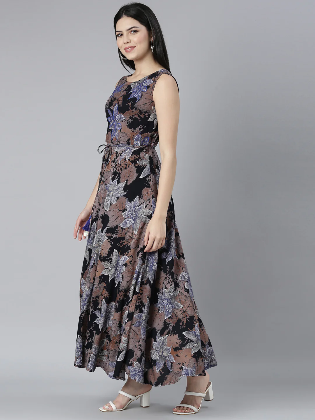 Neerus Blue Casual Floral Fit and Flare Dresses - Image 2