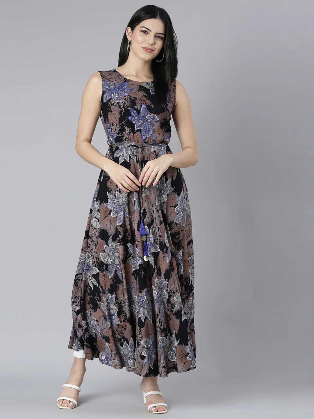 Neerus Blue Casual Floral Fit and Flare Dresses - Image 5